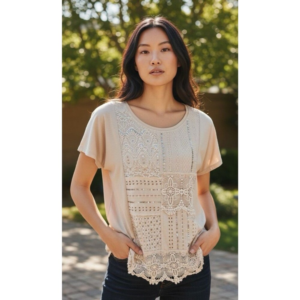 Chicos NEW! womens ornate cotton lace & sequined overlay top sz 2 (US 12)